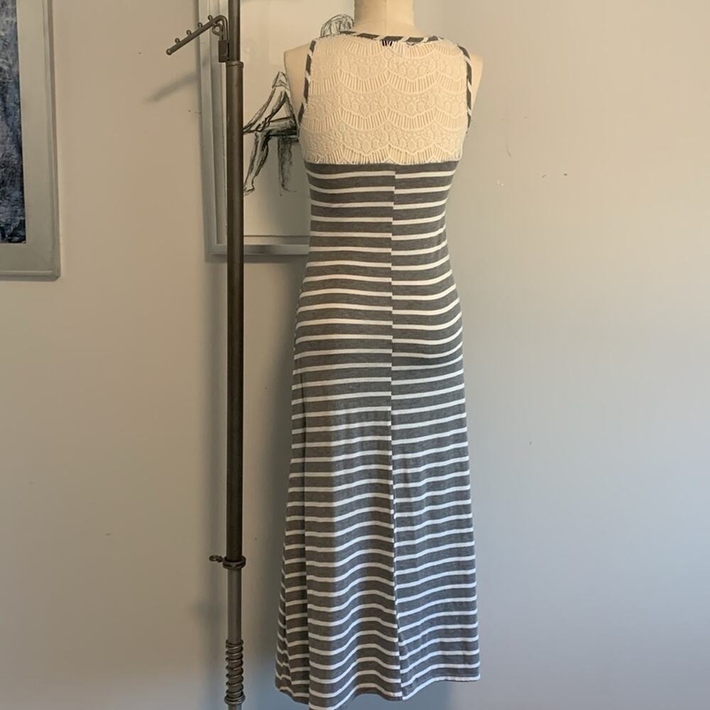 Y2K 2000s Vintage Myth Gray White Striped Tank Maxi Dress Lace S Made in USA